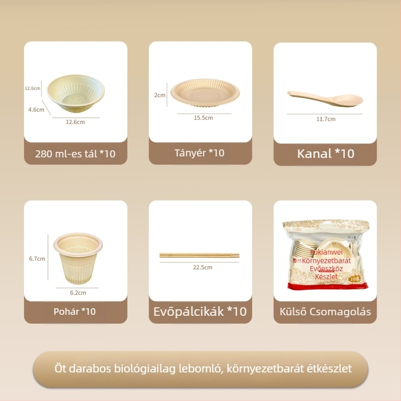 Biológiailag lebomló bambuszból készült egyszer használatos étkészlet: tálak, poharak, kanalak, csészék és evőpálcikák 10 személy részére
