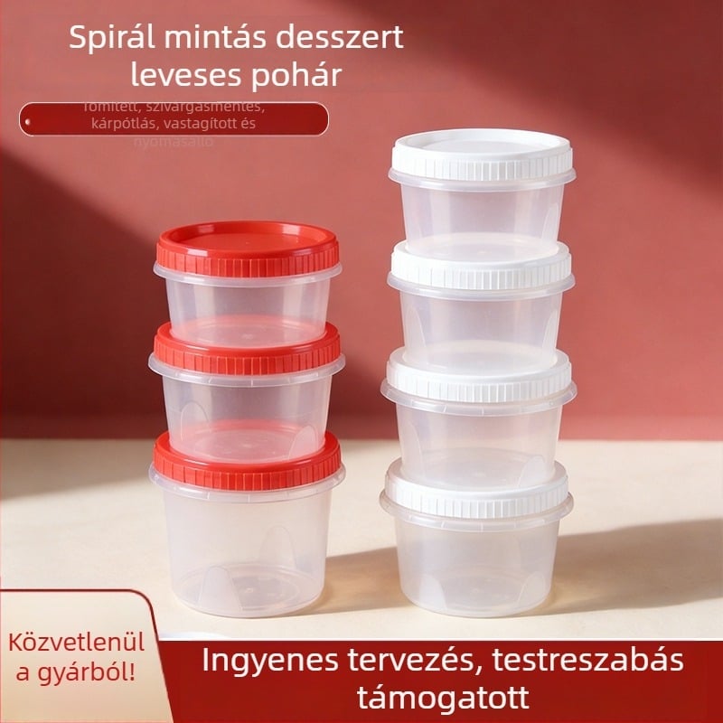 Kör alakú egyszer használatos leveses tál csavaros fedővel, áttetsző műanyag tál ételszállításhoz
