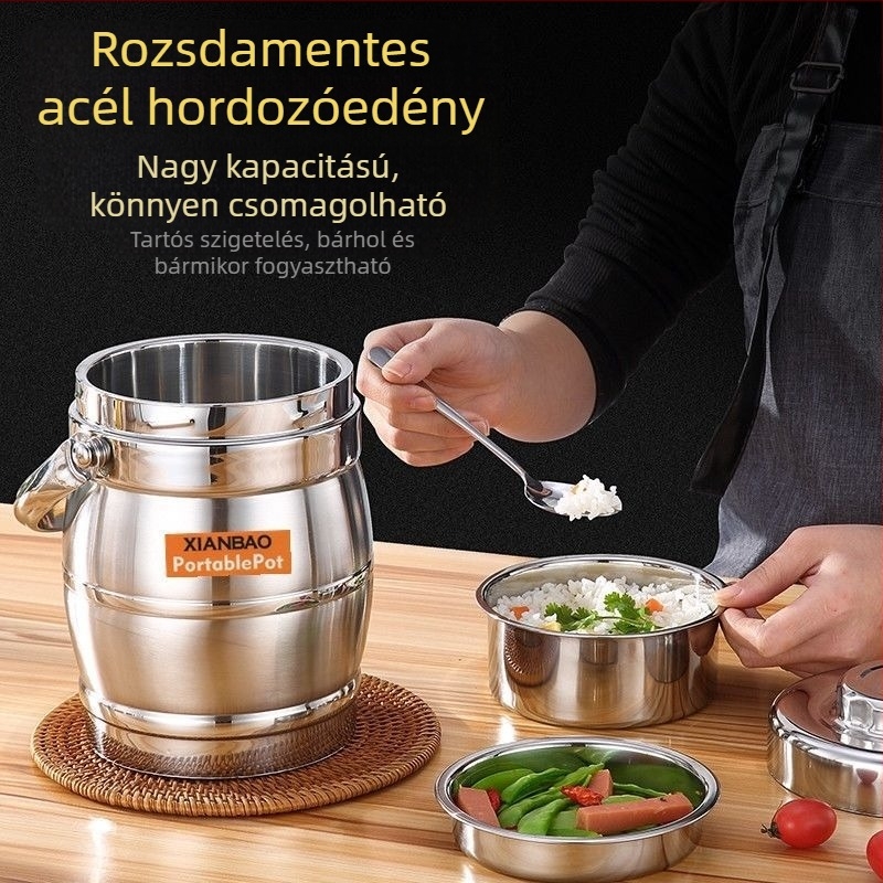 3 rétegű rozsdamentes acél hőszigetelt ebédes doboz fedővel, nagy kapacitású