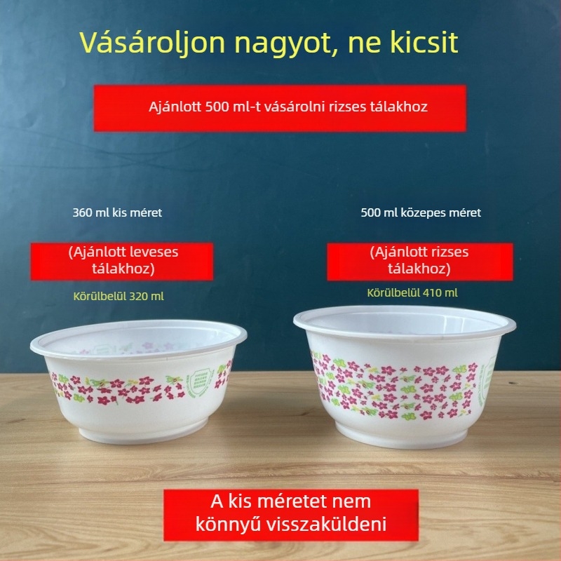 Egyszer használatos rizses tál virágmintás, vastagított élelmiszer-minőségű műanyagból, evőeszközzel és chopstickekkel bankettekhez
