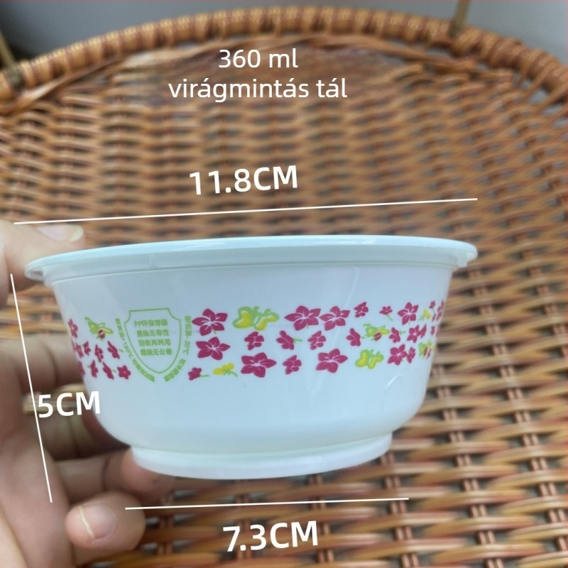 Egyszer használatos rizses tál virágmintás, vastagított élelmiszer-minőségű műanyagból, evőeszközzel és chopstickekkel bankettekhez