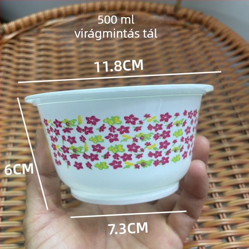 Egyszer használatos rizses tál virágmintás, vastagított élelmiszer-minőségű műanyagból, evőeszközzel és chopstickekkel bankettekhez