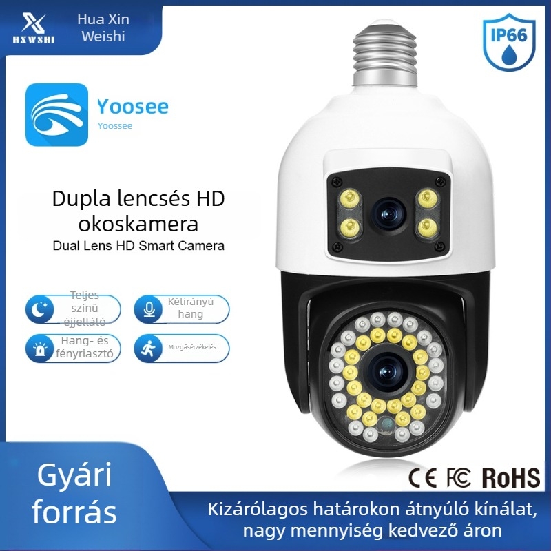 A27 Vízálló IP66 WiFi izzó kamera kettős lencsével, távoli hozzáférés mobilról, teljes színű éjjellátás