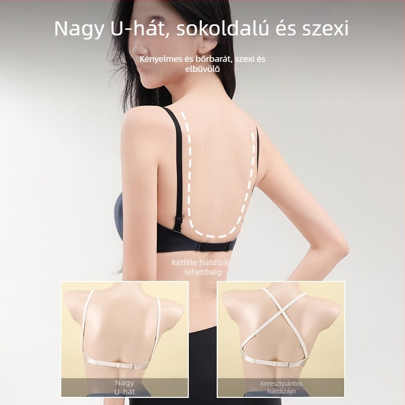 Varrás nélküli női melltartó, hátul U-formájú, keresztpántos kialakítás, láthatatlan és lélegző, vékony formázott kosarakkal
