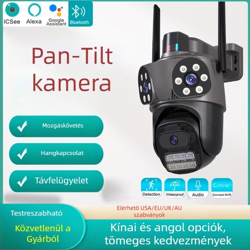 Kültéri WiFi megfigyelő kamera három objektívvel és három képernyővel, nagy felbontású éjszakai látással