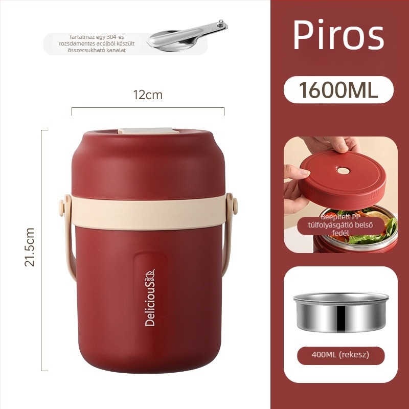 304 rozsdamentes acélból készült dupla falú ebédes doboz, 2000 ml kapacitás