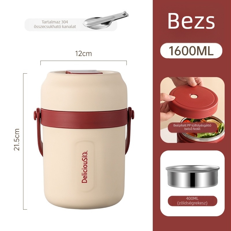 304 rozsdamentes acélból készült dupla falú ebédes doboz, 2000 ml kapacitás