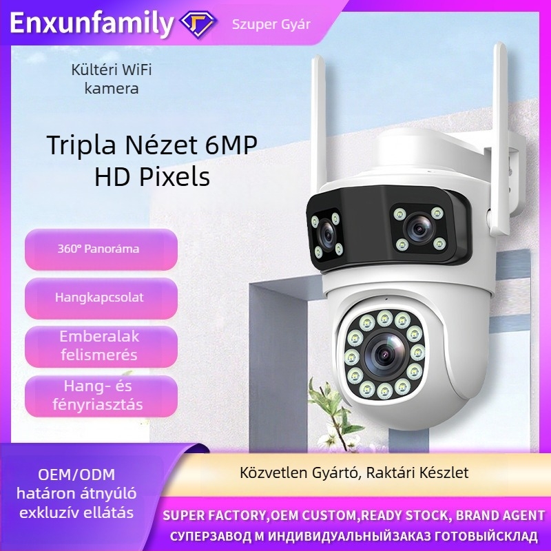 Kültéri vezeték nélküli megfigyelő kamera három objektívvel, Wi‑Fi, HD éjszakai látás, teljes szín