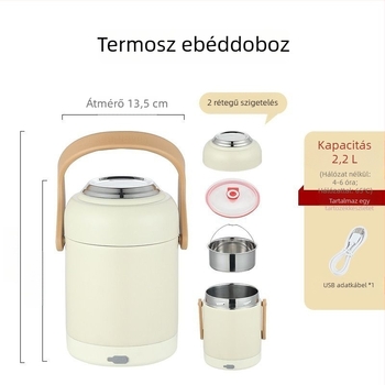 304 rozsdamentes acélból készült szigetelt ebédes doboz USB autómelegítővel, hordozható, nagy kapacitású, állandó hőmérséklet fenntartása