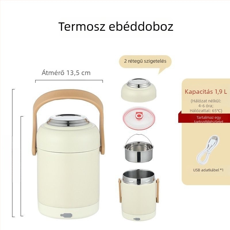 304 rozsdamentes acélból készült szigetelt ebédes doboz USB autómelegítővel, hordozható, nagy kapacitású, állandó hőmérséklet fenntartása