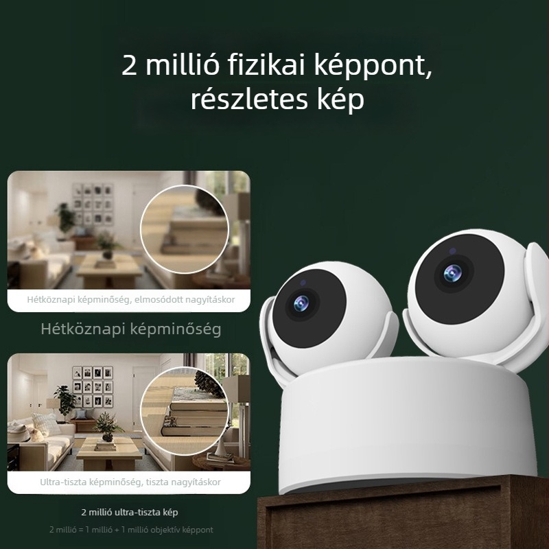 Otthoni megfigyelő kamera kettős lencsével és kettős nézettel, Wi-Fi, kompakt PTZ, HD, vezeték nélküli