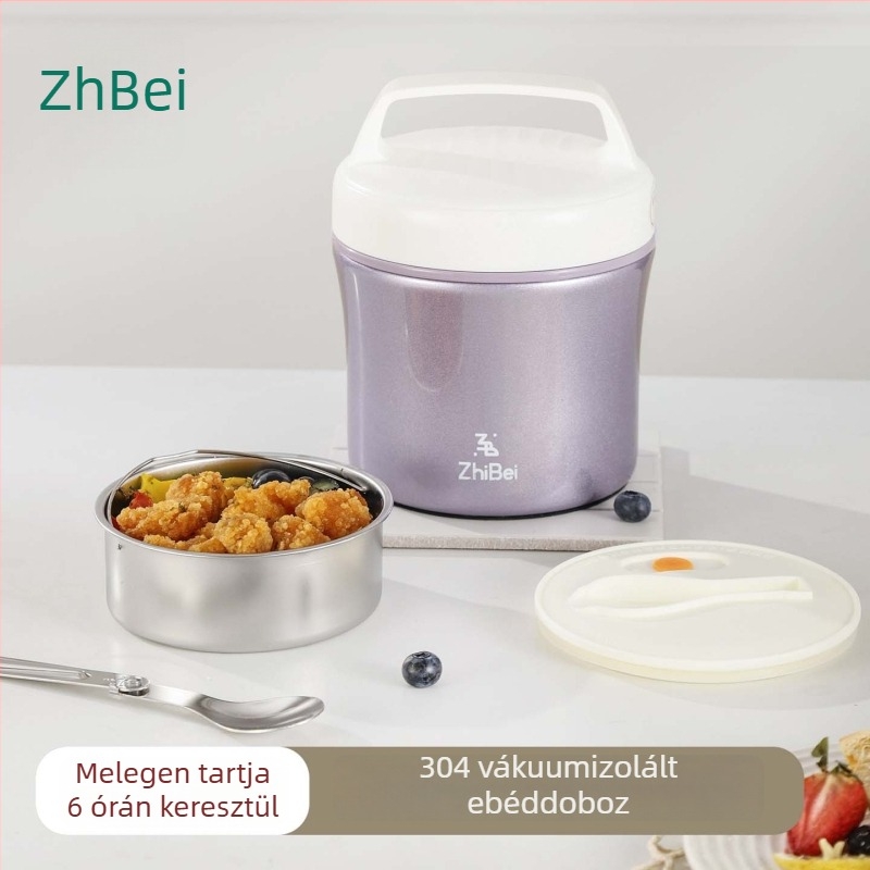 Rozsdamentes acélból készült szigetelt ebédes doboz műanyag fedővel, hengeres kialakítás, irodai használatra, 1–2 l kapacitás