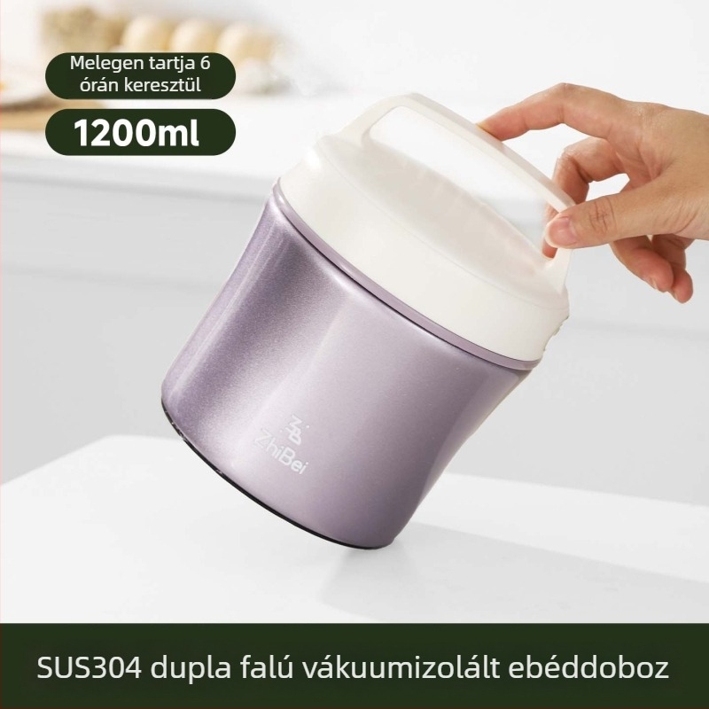 Rozsdamentes acélból készült szigetelt ebédes doboz műanyag fedővel, hengeres kialakítás, irodai használatra, 1–2 l kapacitás