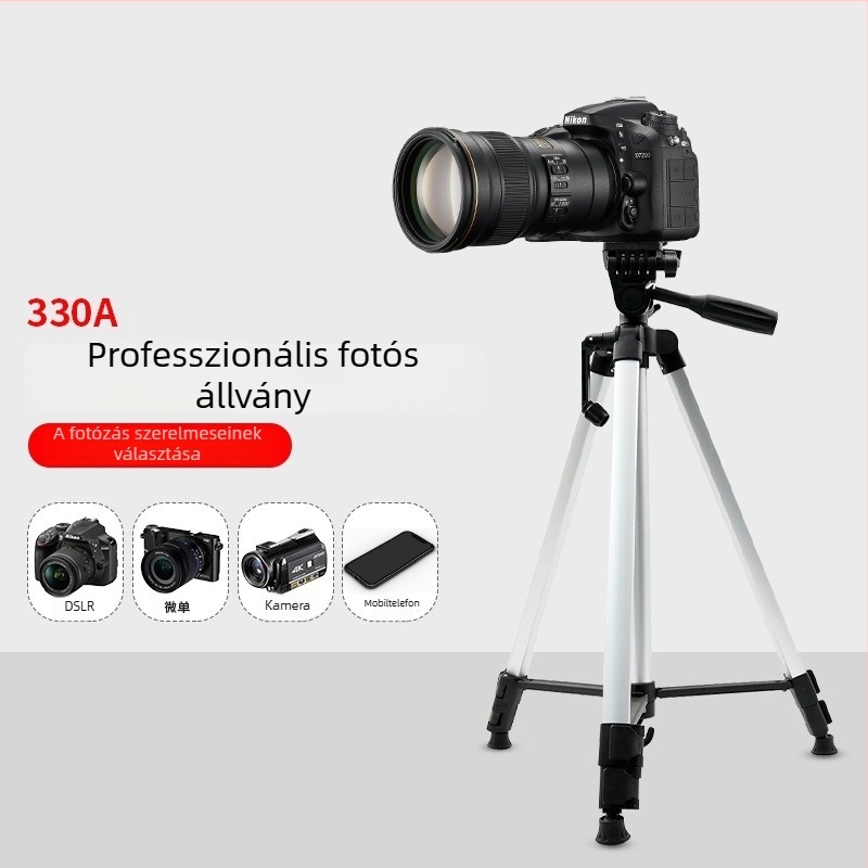330A háromlábú állvány mobiltelefonhoz élő közvetítéshez, kültéri fotózáshoz, DSLR-hez, 1,3 m-ig bővíthető világítási állvány, könnyű és kompakt
