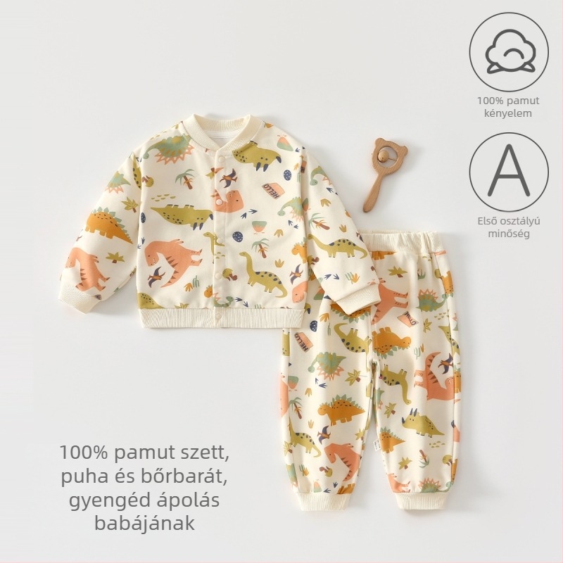 Újszülött számára készült kétrészes pamut öltözet, minden évszakra, sötét színű, elől snap-zárású