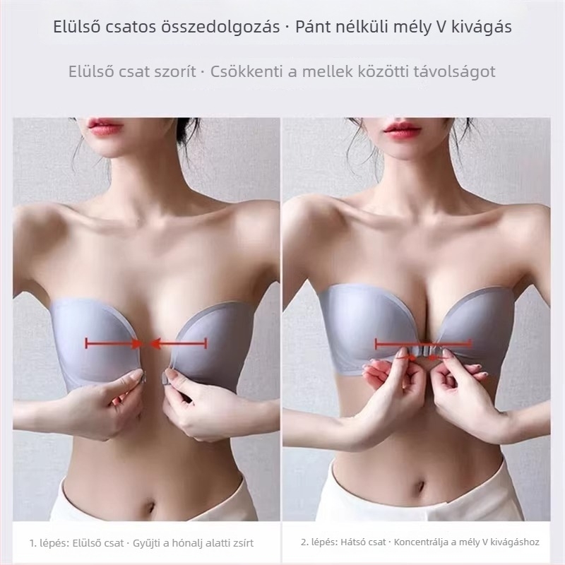 Push-up melltartó elől zárható, vállpánt nélküli, csúszásmentes, varrat nélküli, fix kosár, egyrvállas