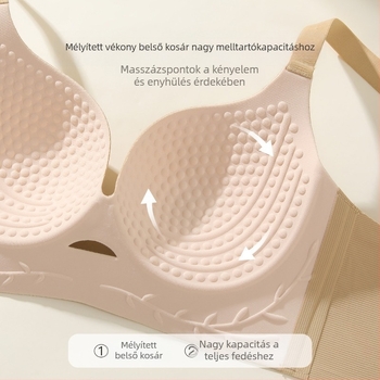 Sima varrás nélküli melltartó nagy méretekhez, merevítő nélkül, emelő hatással, összefogja a melleket, megakadályozza a megereszkedést, csökkenti a külső oldalsó mellek kiemelkedését, vizuálisan kicsinyíti a nagy melleket