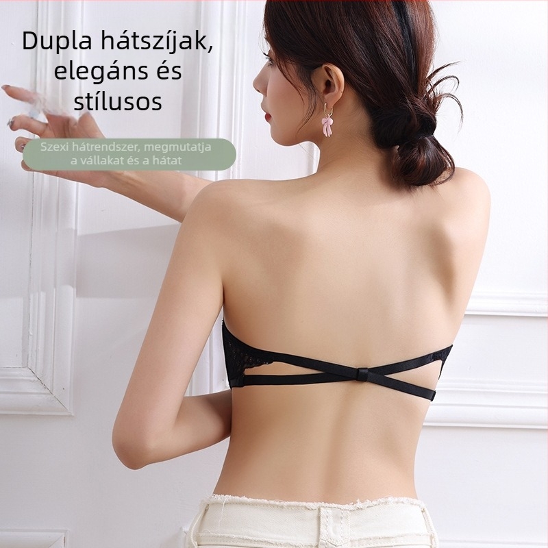 Rejtett váll nélküli melltartó 3D formázott kosarakkal, anti-slip csipkés hátsó résszel, bandeau fazon előre zárható, nőknek