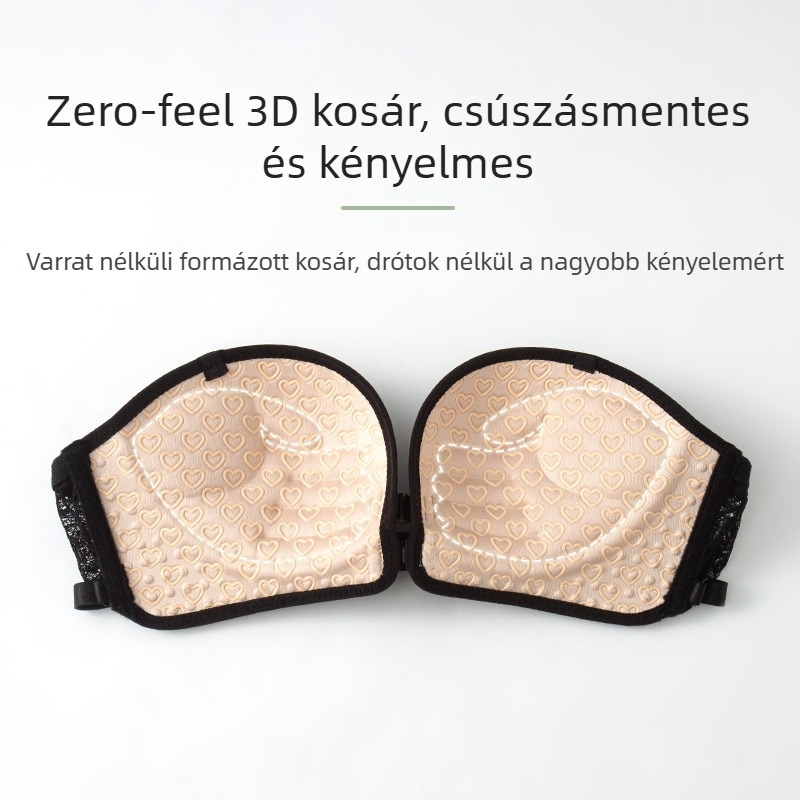 Rejtett váll nélküli melltartó 3D formázott kosarakkal, anti-slip csipkés hátsó résszel, bandeau fazon előre zárható, nőknek