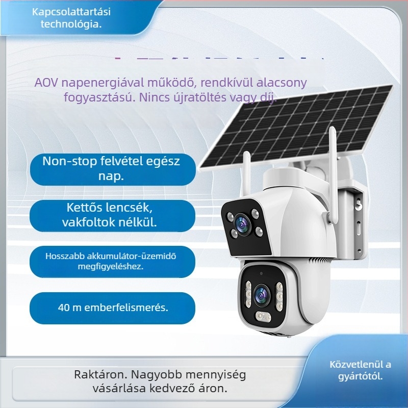 Kültéri napelemes AOV duál-lencsés kamera, esőálló, nincs szükség áramra vagy Internetre, éjszakai látás, 4G megfigyelés
