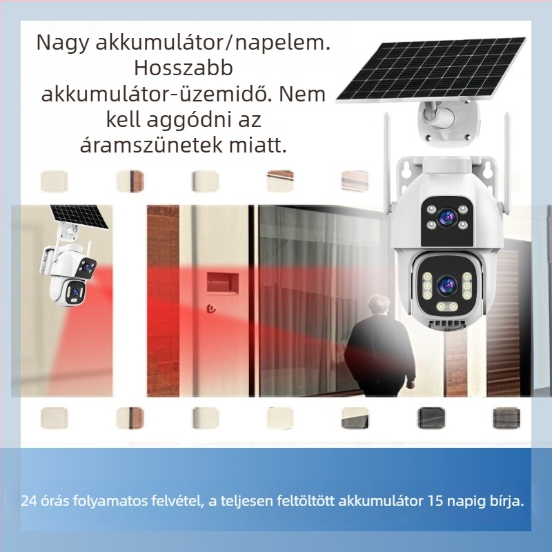Kültéri napelemes AOV duál-lencsés kamera, esőálló, nincs szükség áramra vagy Internetre, éjszakai látás, 4G megfigyelés