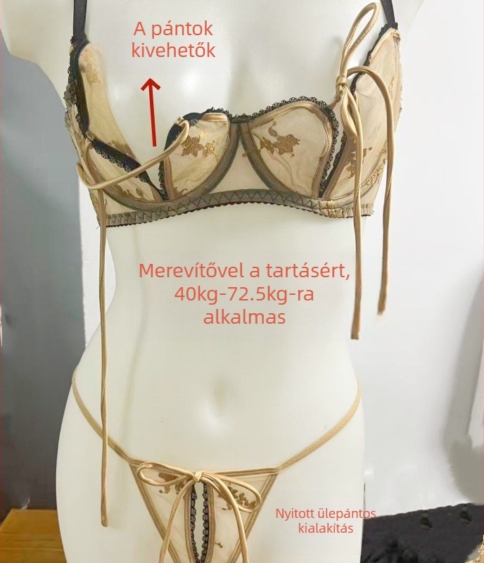 Háromszínű kínai stílusú push-up melltartó acél merevítőkkel; kiemeli a kis melleket; nyitott elejű alsónemű szett