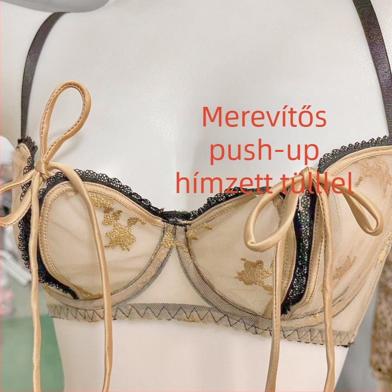 Háromszínű kínai stílusú push-up melltartó acél merevítőkkel; kiemeli a kis melleket; nyitott elejű alsónemű szett