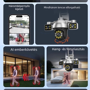 Kültéri háromobjektívű dómkamera, 360° lefedettség, távoli hozzáférés okostelefról, éjjellátás, vezeték nélküli