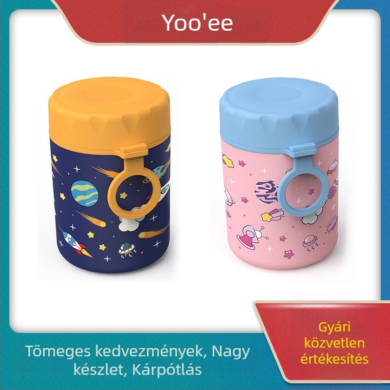 Gyerekeknek készült karikatúra mintás rozsdamentes acél ebédes doboz leveses pohárral, hordozható és kompakt, 301–500 ml