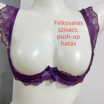 Hercegnő-stílusú csipkés fehérnemű lilás, rózsaszín és fekete színekben, habos töltettel, félkosaras push-up melltartó