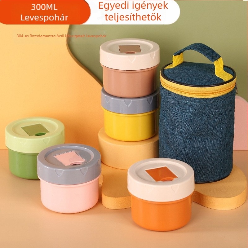 Hőszigetelt ebédes doboz 304-es rozsdamentes acélból, leveses pohárral, 800–1000 ml, hordozható diákoknak és dolgozóknak