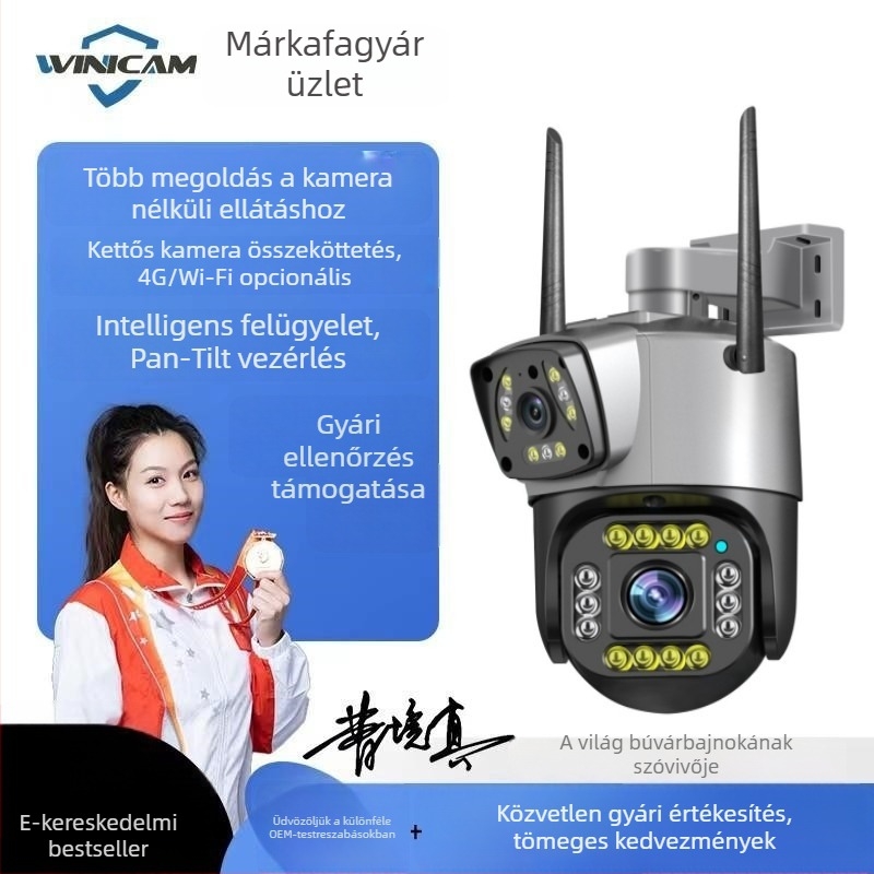 Kültéri vezeték nélküli kamera kettős lencsével, távoli telefonkapcsolattal, HD éjszakai látás
