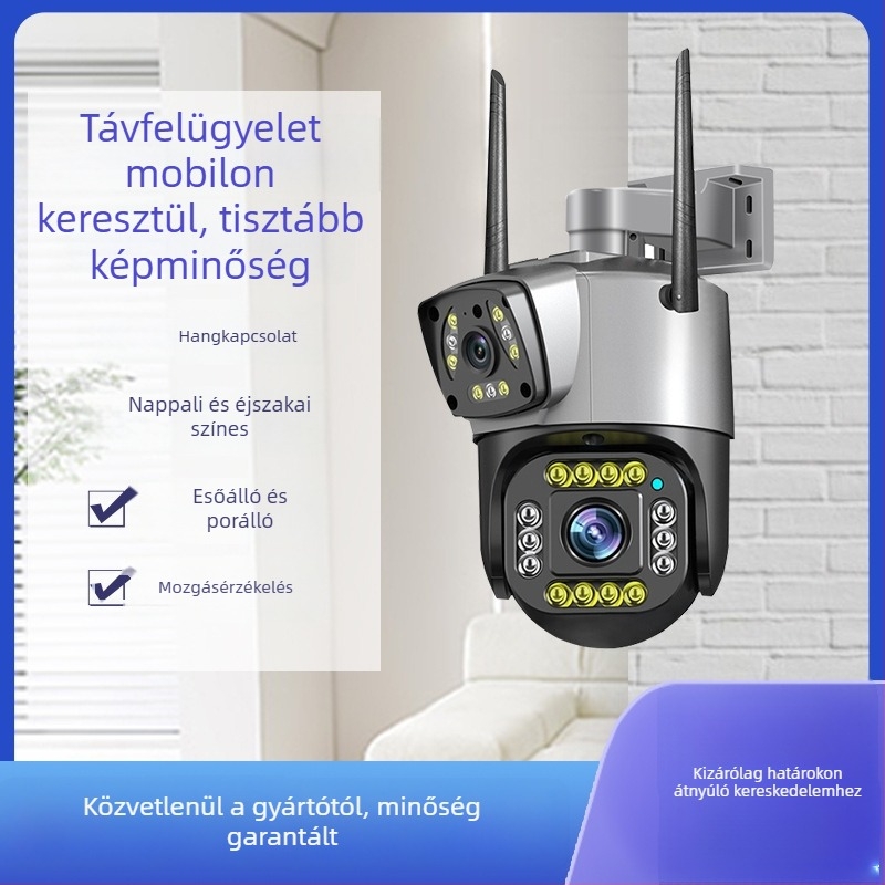 Kültéri vezeték nélküli kamera kettős lencsével, távoli telefonkapcsolattal, HD éjszakai látás