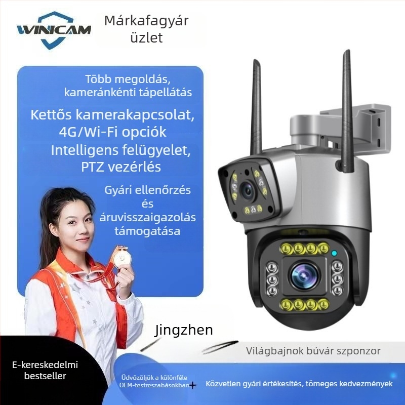 Kültéri vezeték nélküli kamera kettős lencsével, távoli telefonkapcsolattal, HD éjszakai látás