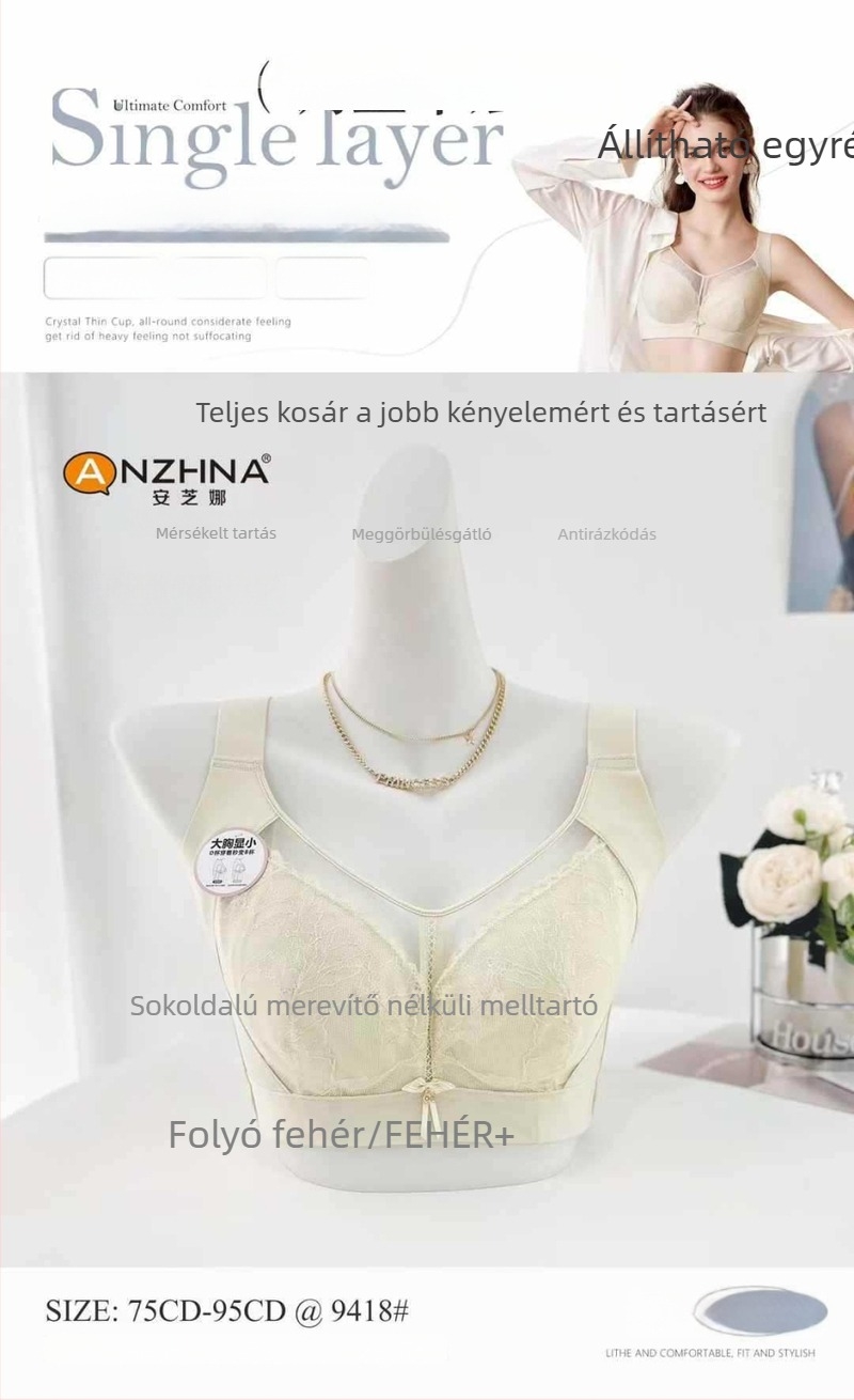 Új nagy méretű csipkés melltartó, légáteresztő, állítható, formázó, anti-lógás funkcióval, optikailag kisebbnek tűnik a mellem (9418)