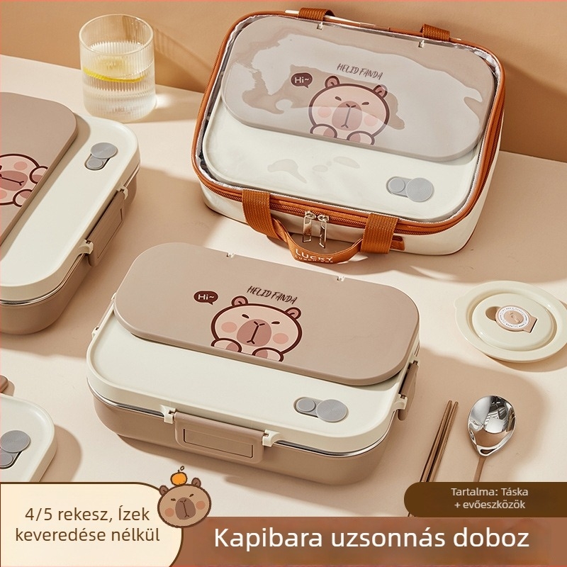 Karikaturás iskolai ebédes doboz kettős rétegű rozsdamentes acél rekeszekkel, négyszögletes, hordozható, ajándék