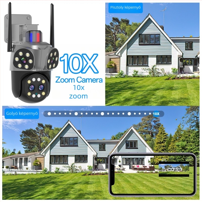 8MP felügyeleti kamera 10x optikai zoommal, HD éjjellátás, Wi‑Fi, távoli megtekintés
