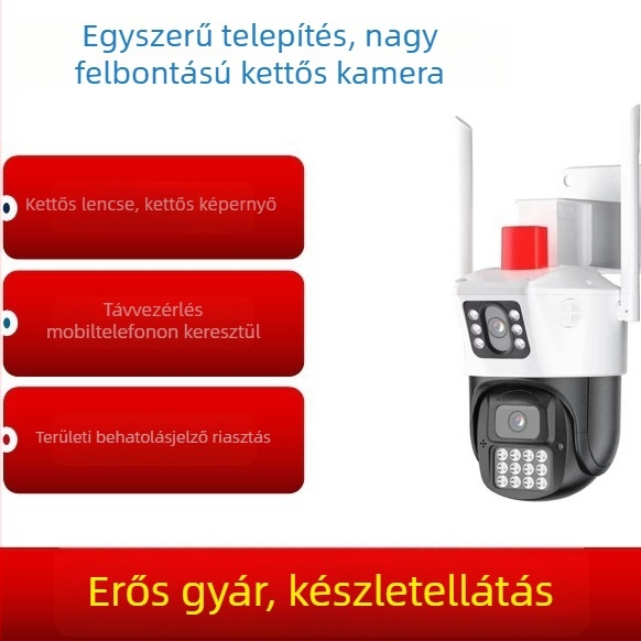 Vezeték nélküli WiFi dupla objektívű megfigyelő kamera beltéri és kültéri használatra, 360° HD infravörös