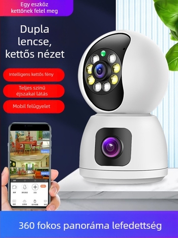 Kétlencsés, 360°-os beltéri Wi-Fi megfigyelő kamera távoli okostelefonos megfigyeléssel