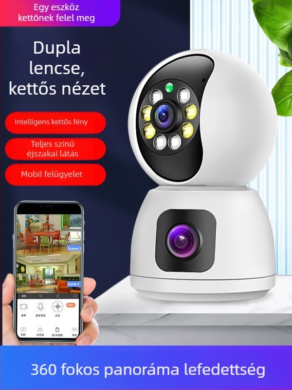 Kétlencsés, 360°-os beltéri Wi-Fi megfigyelő kamera távoli okostelefonos megfigyeléssel