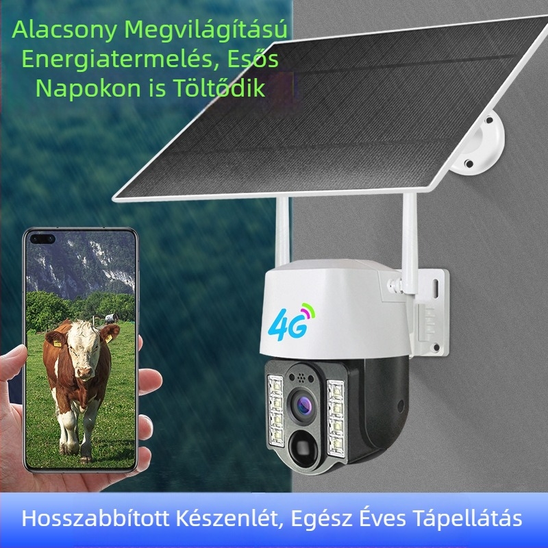 V380 4G kültéri napelemes biztonsági kamera, 360° látómező, Plug-and-Play, napelemes ellátás