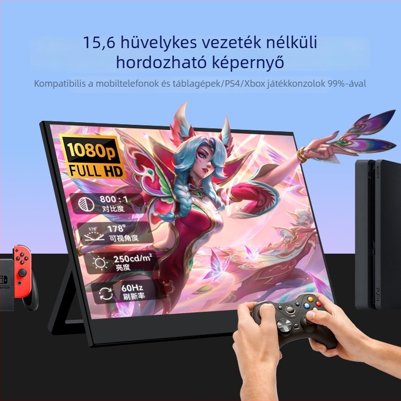 15,6 hüvelykes vezeték nélküli hordozható monitor IPS panellel, 1080p, 16:9, USB/HDMI csatlakozók, súly 0,73 kg