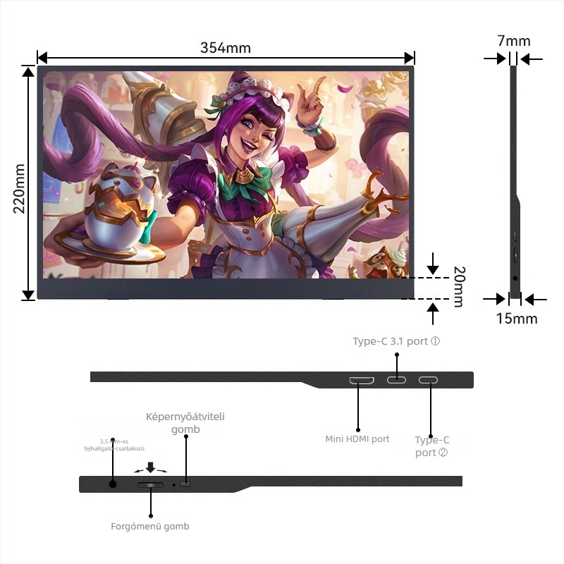 15,6 hüvelykes vezeték nélküli hordozható monitor IPS panellel, 1080p, 16:9, USB/HDMI csatlakozók, súly 0,73 kg