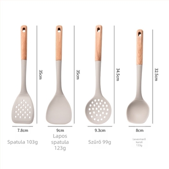 7 részes szilikon konyhai eszköz készlet fából készült nyéllel, hőálló, modern minimalista stílus; tartalmaz spatulát, leveskanalat, lyukas kanalat és szűrőkanalat