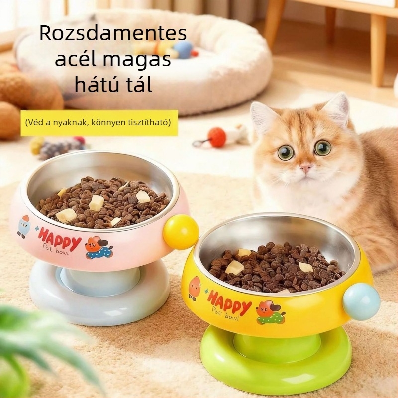 Rozsdamentes acélból készült háziállat etető tál macskáknak és kutyáknak, magasított nyakvédővel a kiöntés megelőzésére, dopamin-ihletésű színekben.