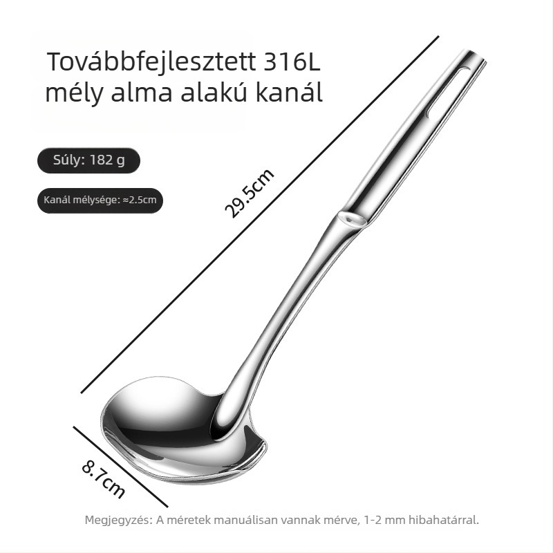316 rozsdamentes acélból készült mély leveskanál hosszú fogantyúval, vastított mély tál, szitáló kanál