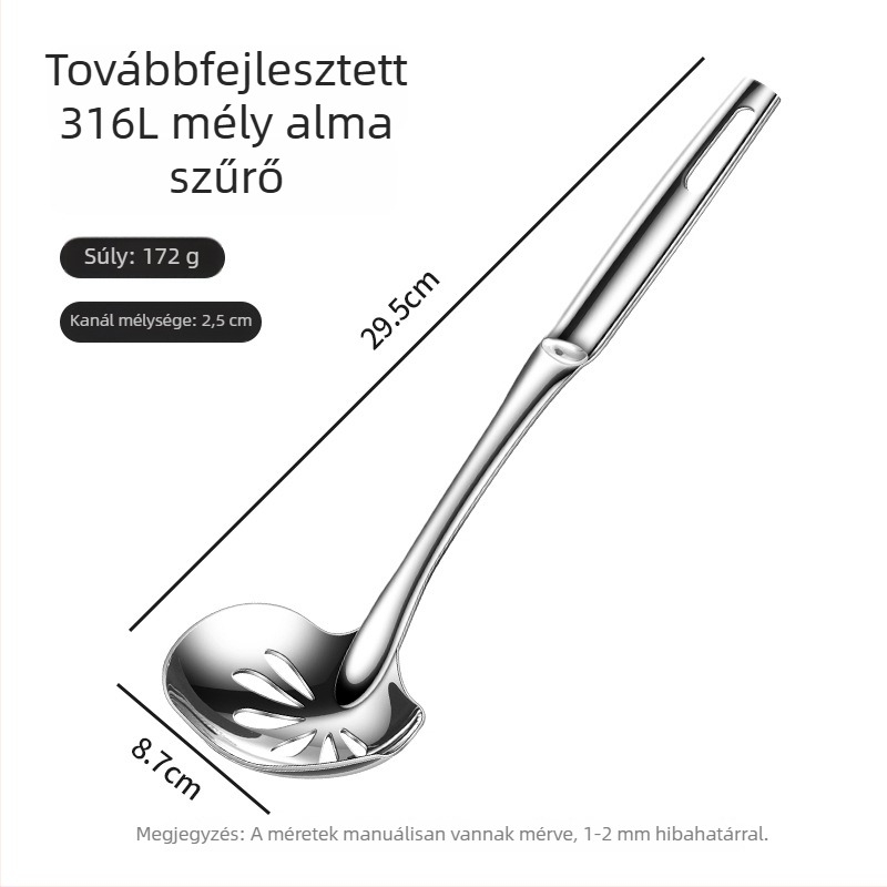 316 rozsdamentes acélból készült mély leveskanál hosszú fogantyúval, vastított mély tál, szitáló kanál