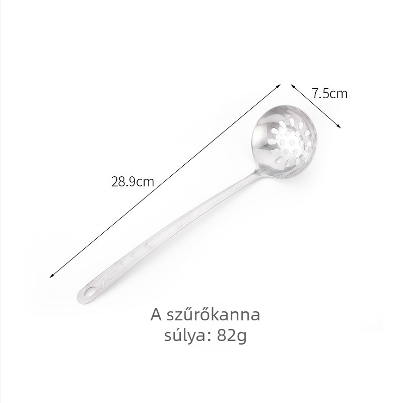 Rozsdamentes acél konyhai kanál szitával, hosszú és vastított nyéllel, 7 cm, otthoni felhasználásra