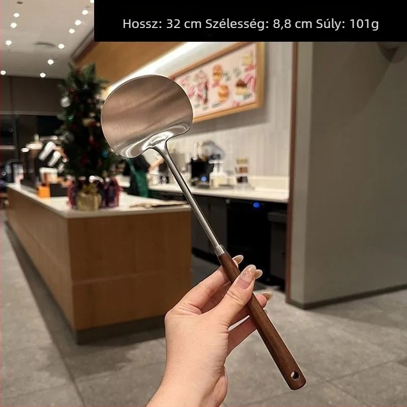 Rozsdamentes acélból készült gombás spatula diófa nyéllel, hosszú nyélű konyhai eszköz sütéshez és levesekhez