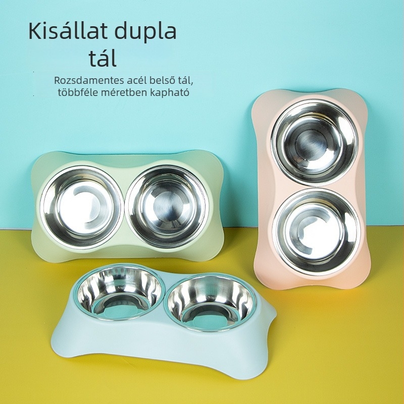 Kutyához és macskához egyesített etető- és itató tál, rozsdamentes acélból, magas lábú, csúszásmentes talppal